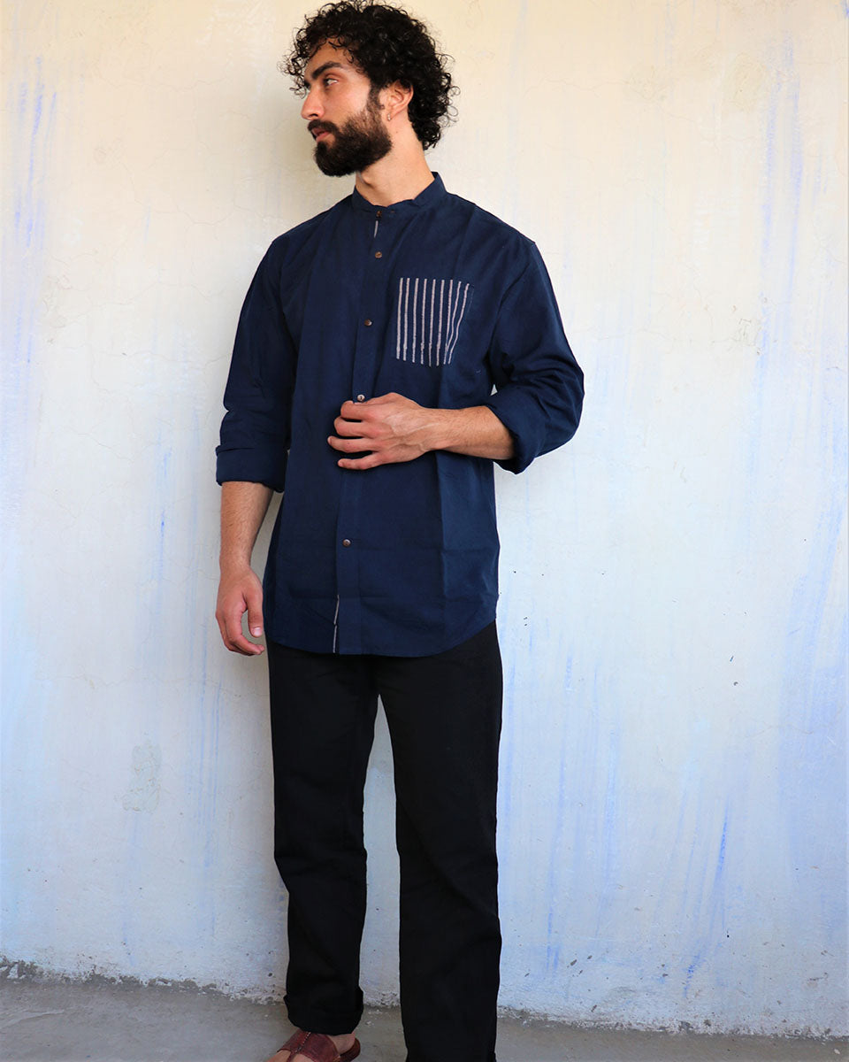 Navy Pocket Stripes Blockprinted Men'S Shirt