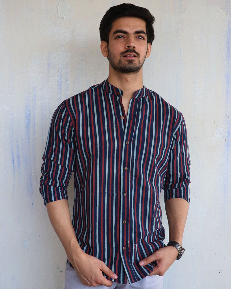 Blue Stripe Block-Printed Men'S Shirt