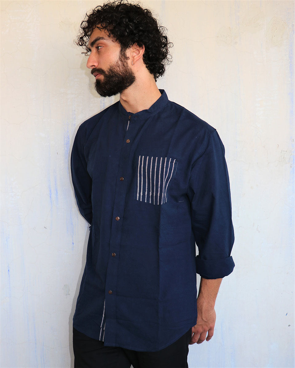 Navy Pocket Stripes Blockprinted Men'S Shirt