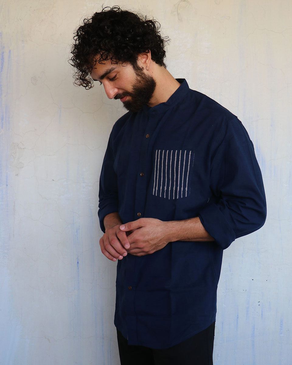 Navy Pocket Stripes Blockprinted Men'S Shirt