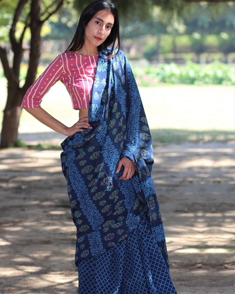 Blue Check And Floral Hand BlockPrinted Cotton Mul Saree 