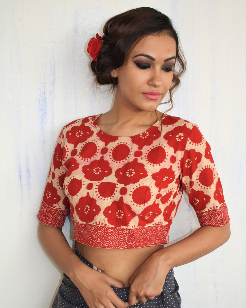 Red Block Printed Cotton Crop Top Blouse
