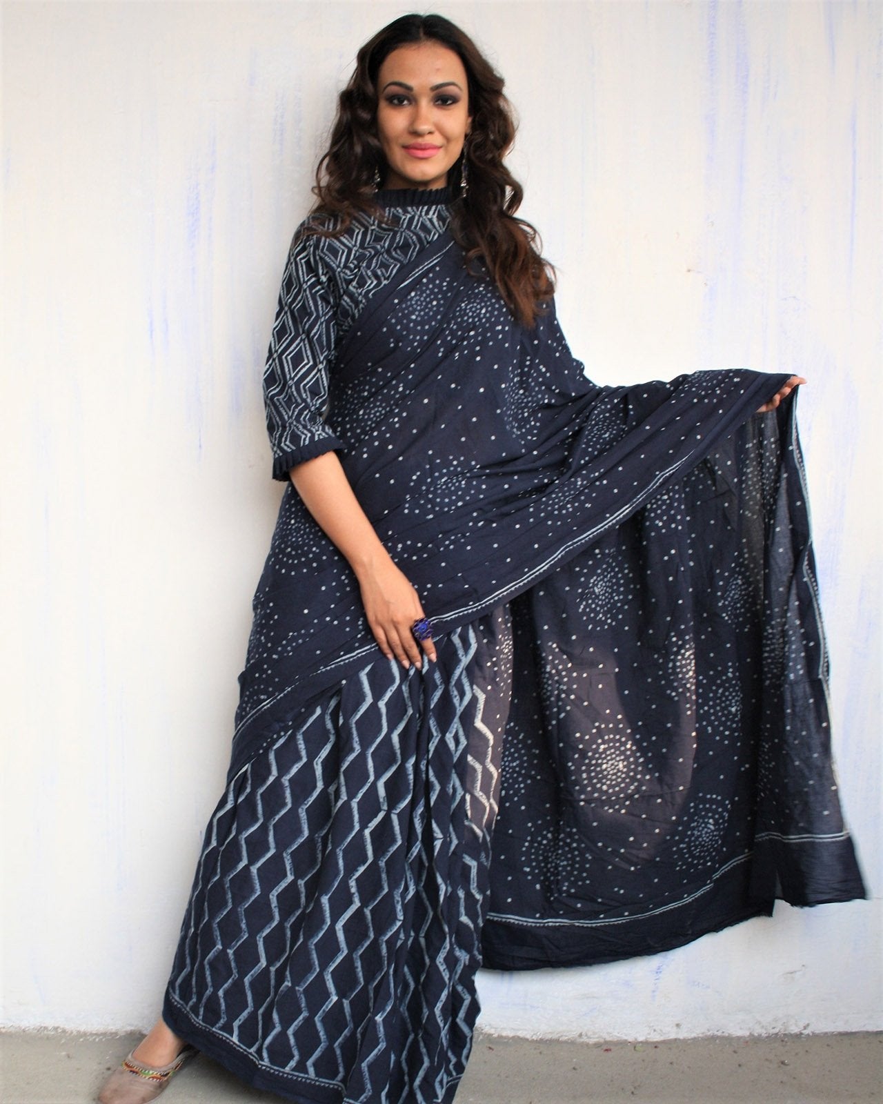 Blue Block Printed Cotton Mul Saree