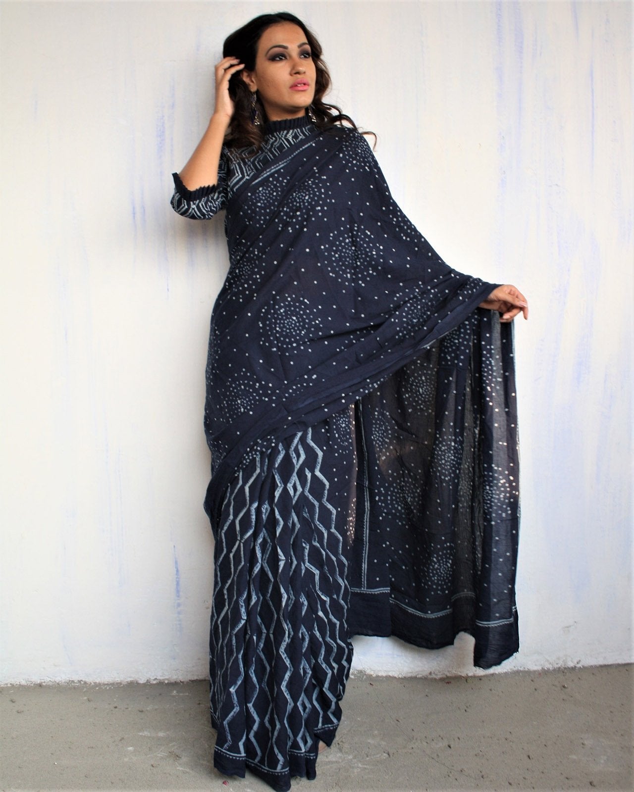 Blue Block Printed Cotton Mul Saree