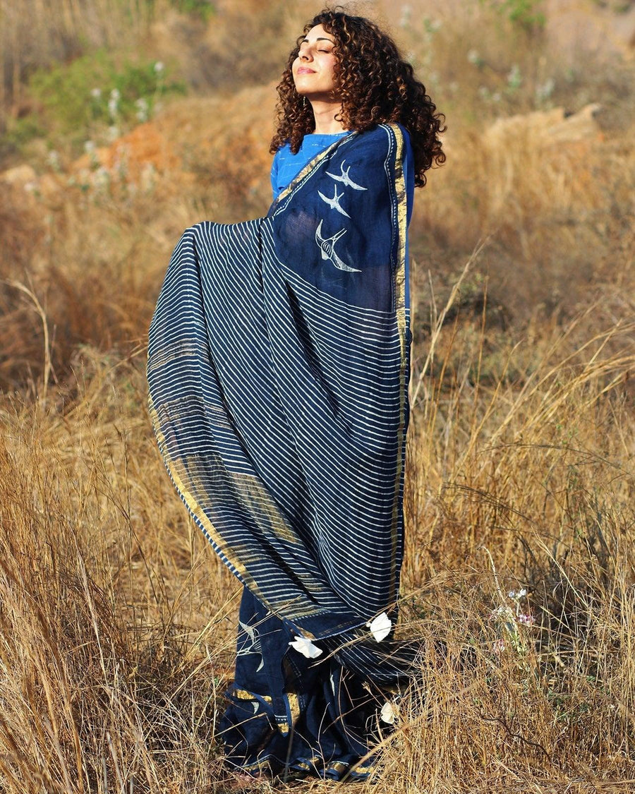 Yellow Blockprinted Handwoven Linen Zari Saree - Anant main image 1