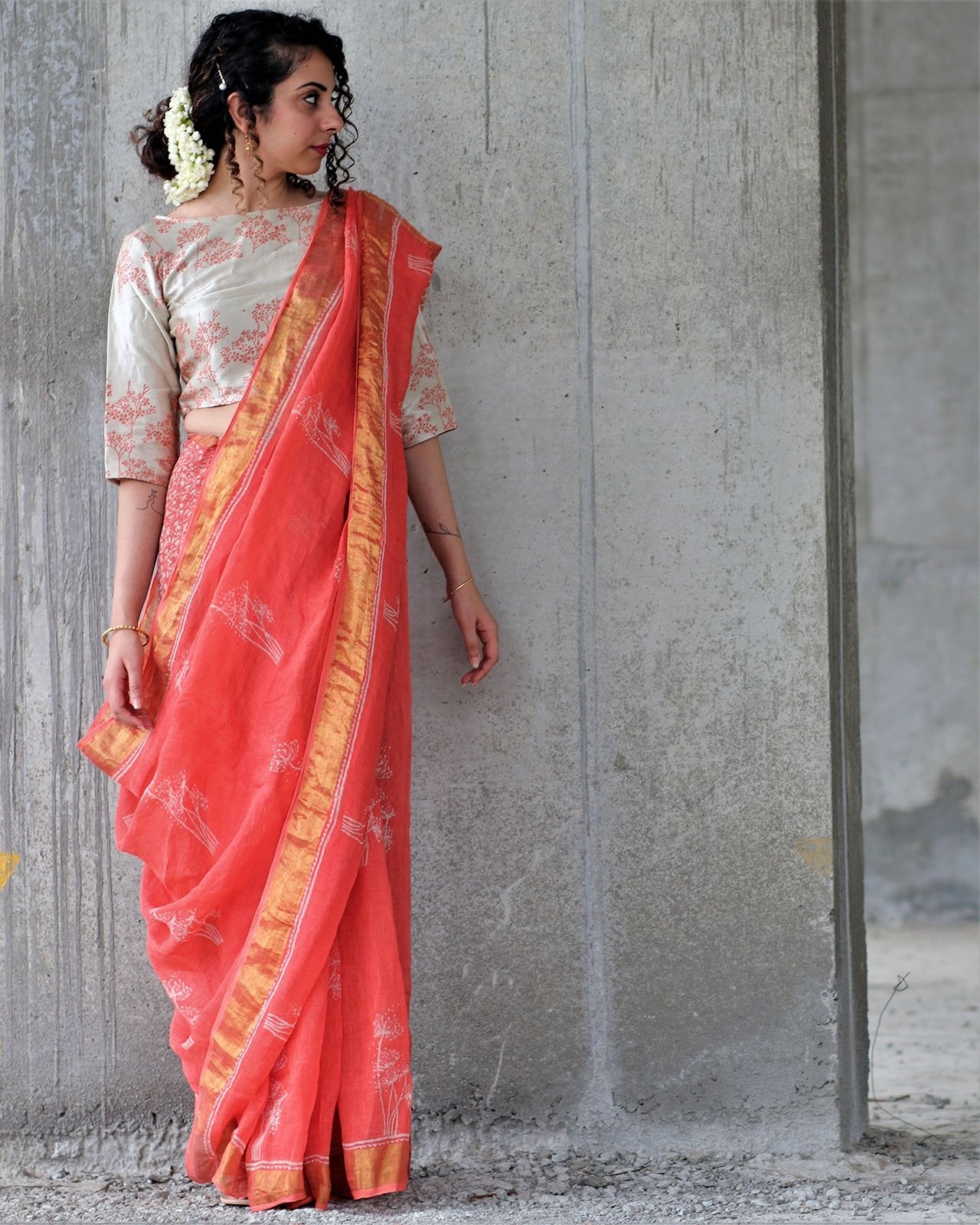 Coral Block Printed Saree Pure Handwoven Linen