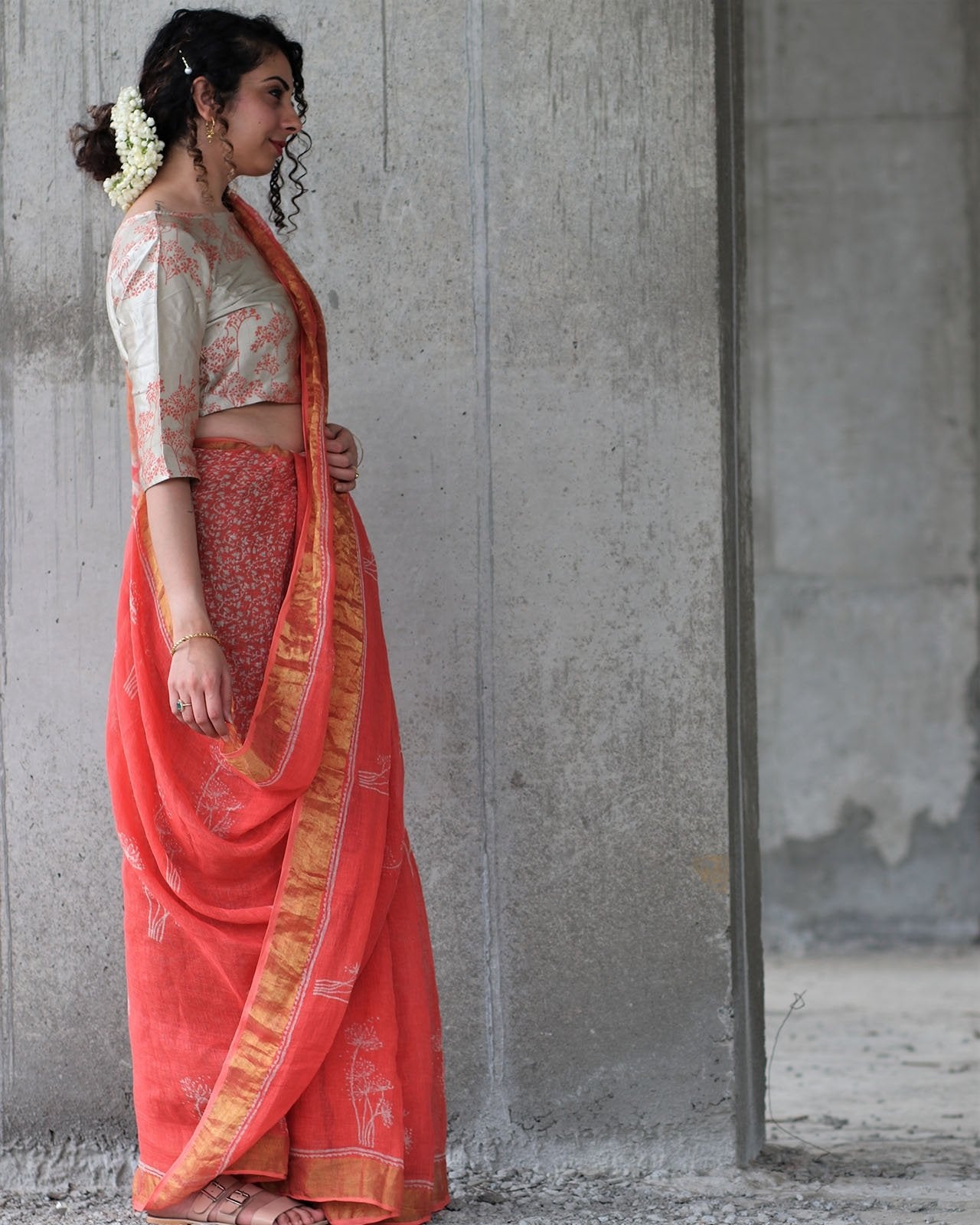 Coral Block Printed Saree Pure Handwoven Linen