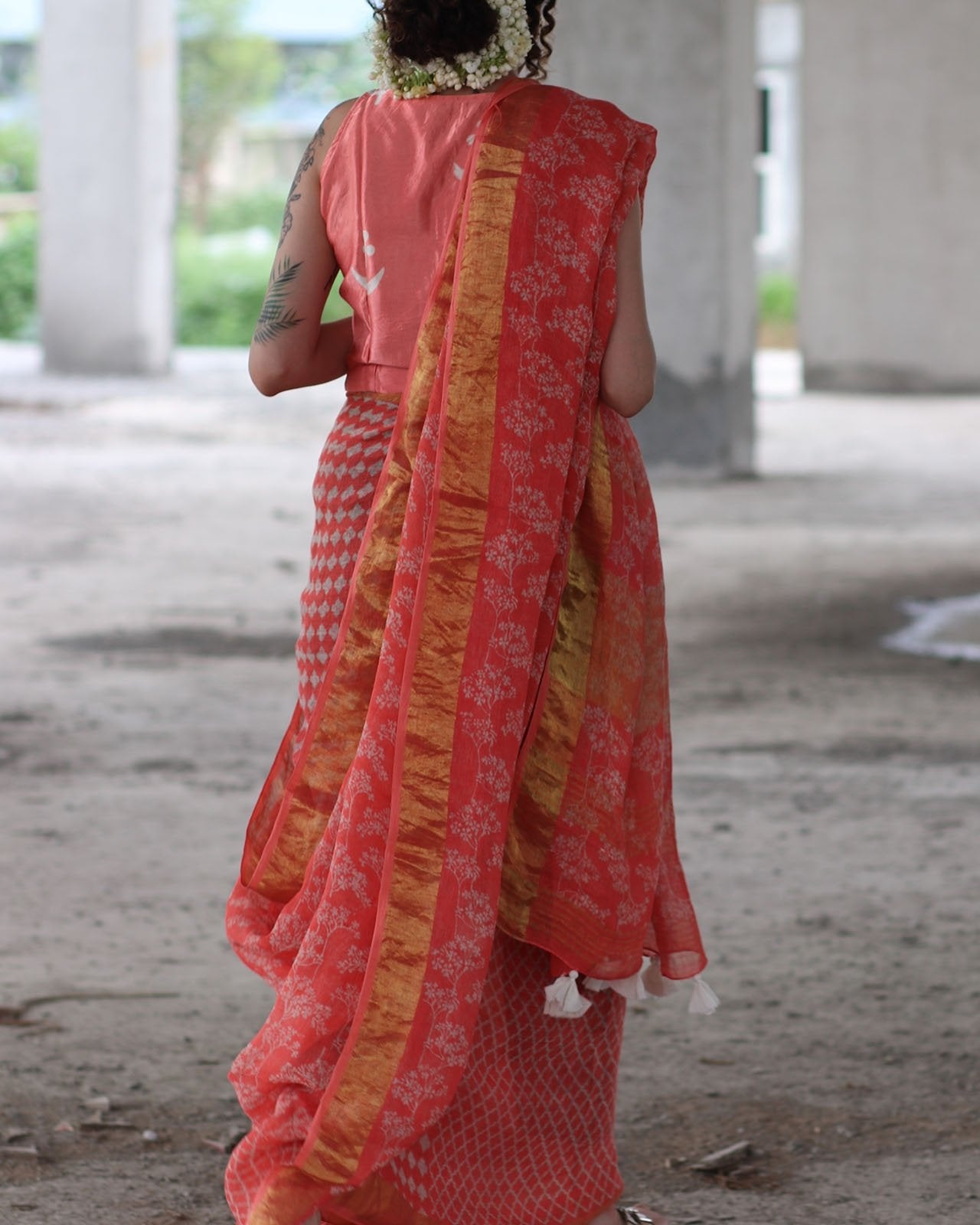 Coral Block Printed Saree Pure Handwoven Linen