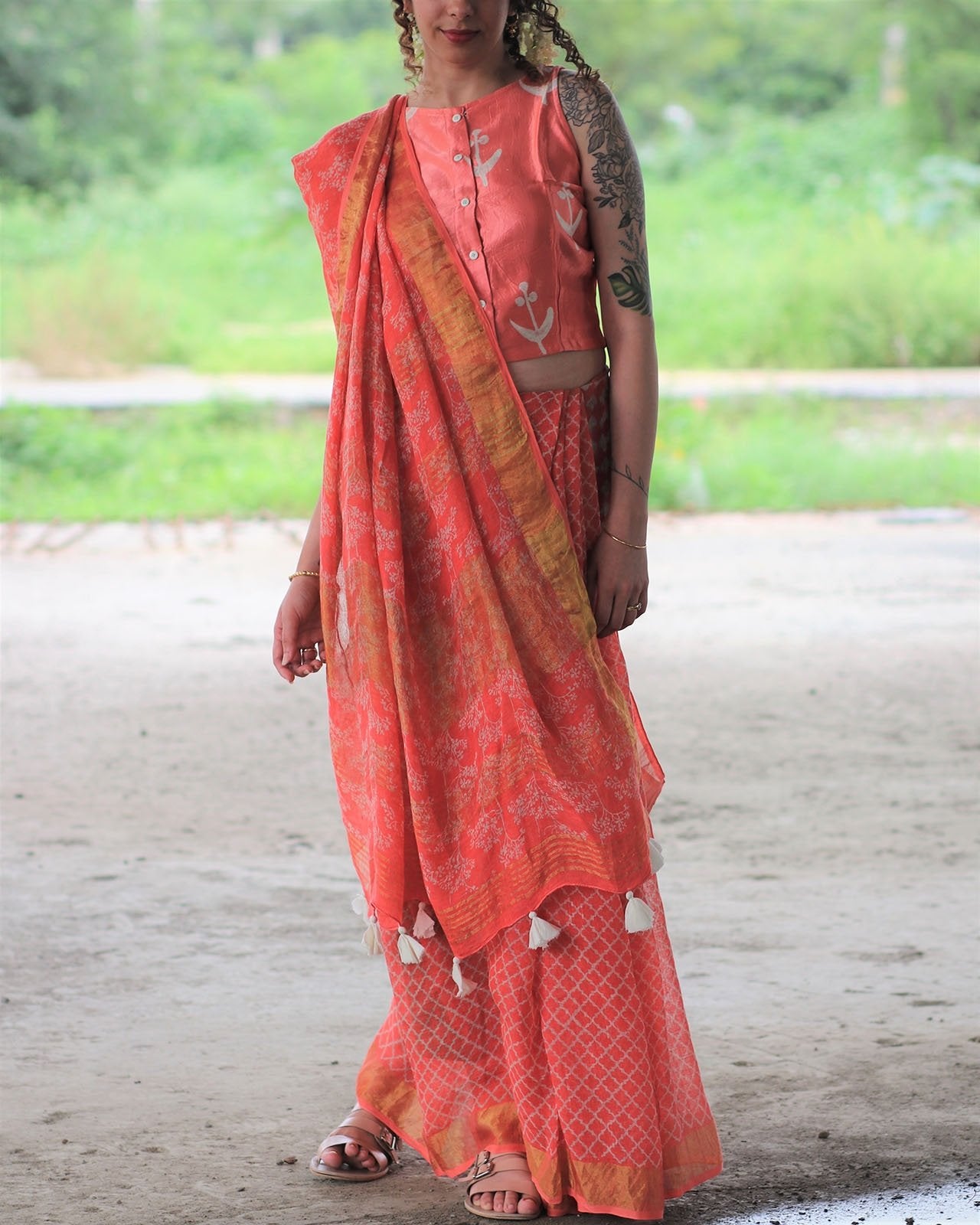 Coral Block Printed Saree Pure Handwoven Linen