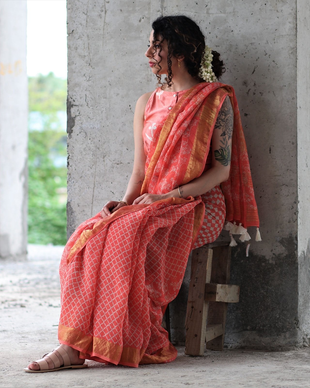 Coral Block Printed Saree Pure Handwoven Linen