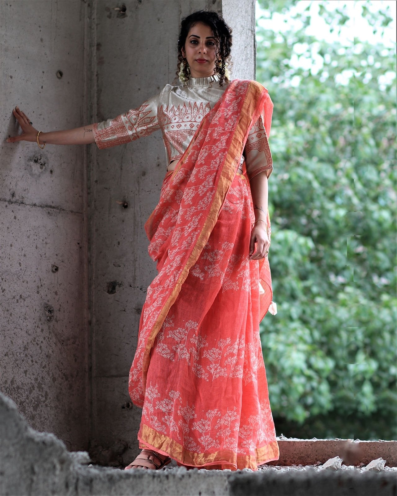 Coral Block Printed Saree Pure Handwoven Linen