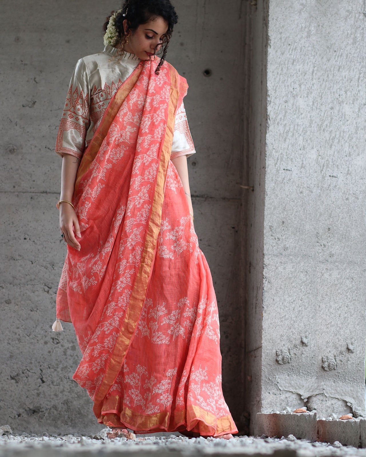 Coral Block Printed Saree Pure Handwoven Linen