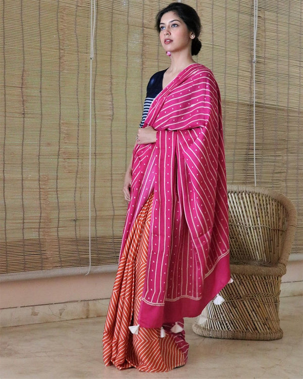 Rani-Orange Blockprinted Modal Silk Saree