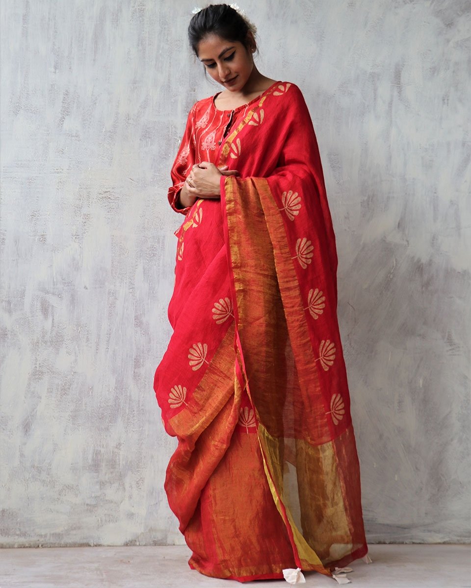 Linen zari saree | Linen saree | Linen saree online | Chidiyaa
