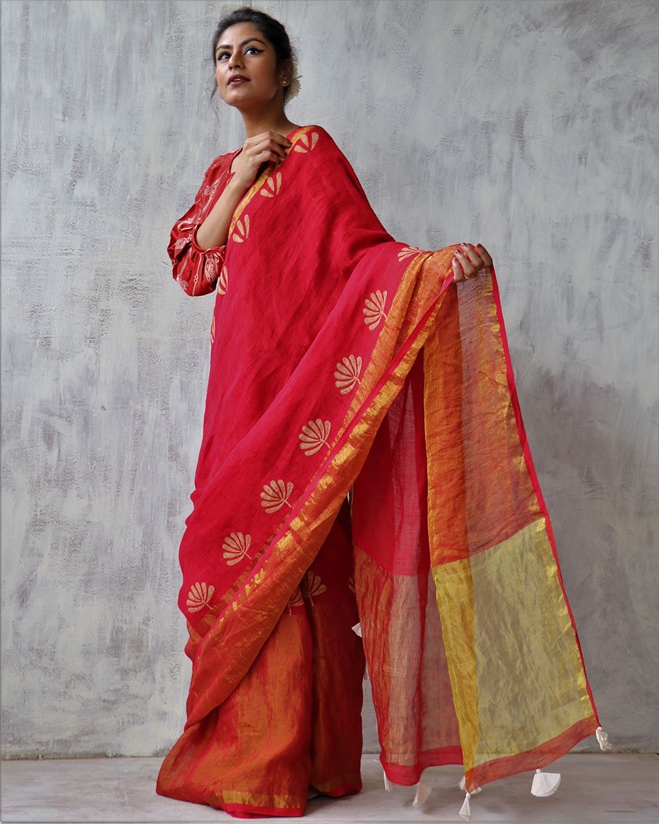 Linen zari saree | Linen saree | Linen saree online | Chidiyaa