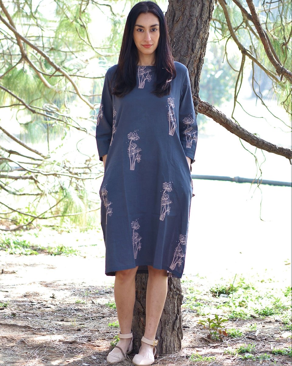Grey wildflower blockprinted cotton dress | Chidiyaa – Chidiyaa