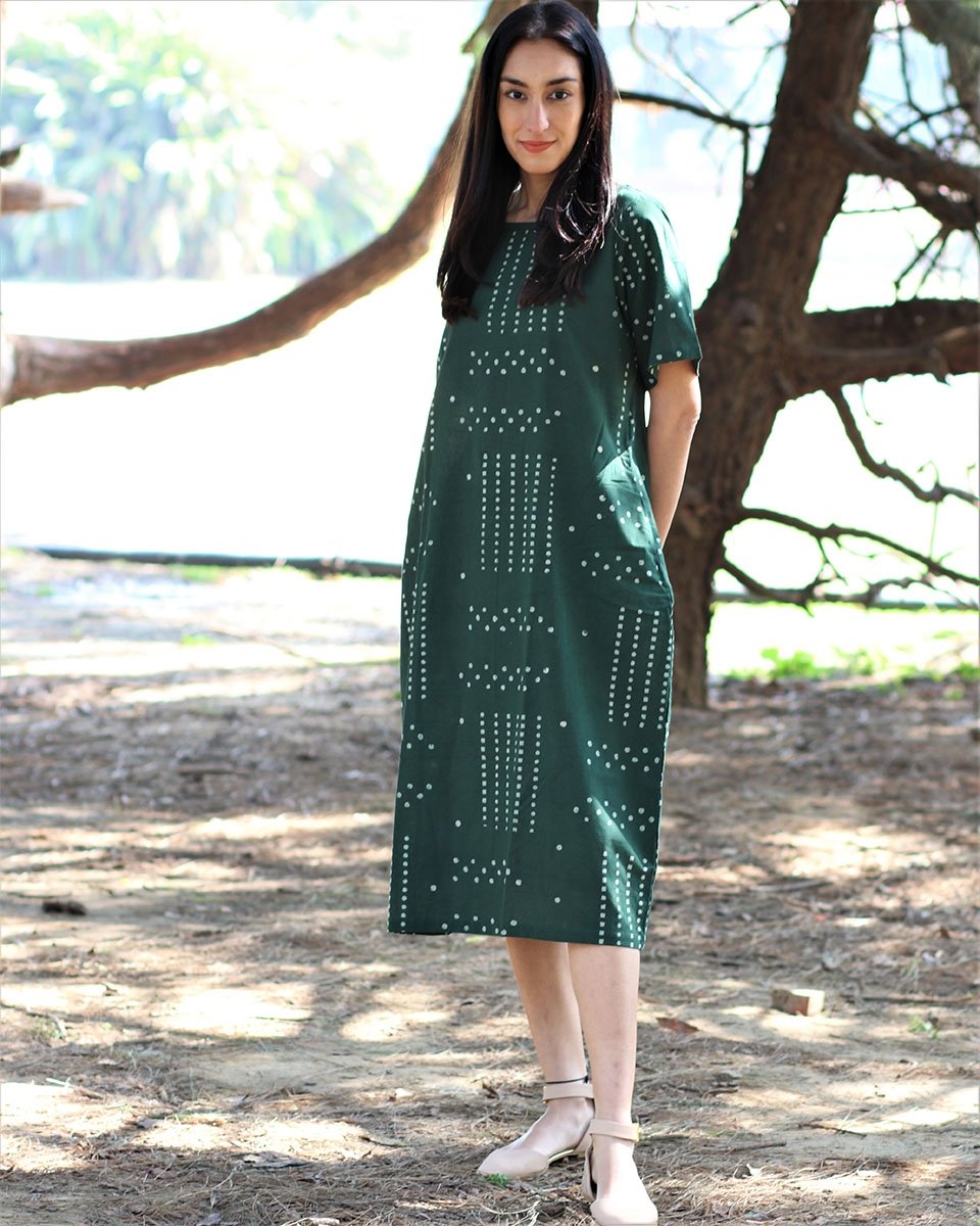 Buy Green Blockprinted Cotton Dress | Cotton Dresses – Chidiyaa