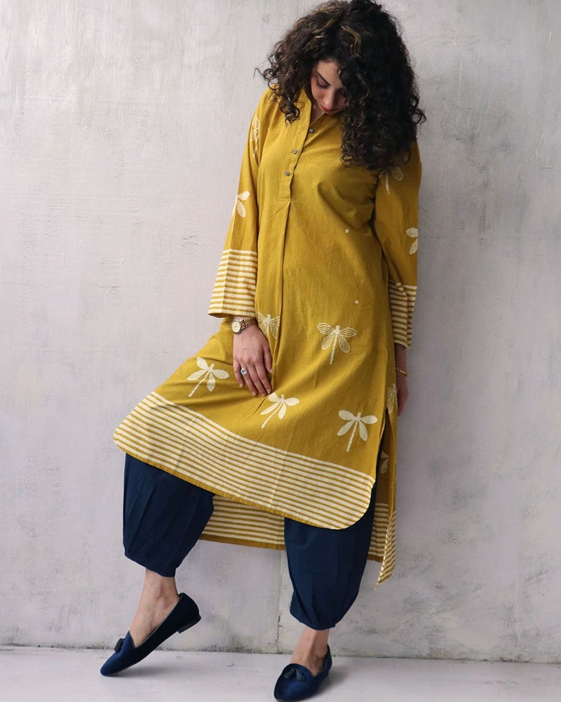 Buy Yellow Blockprinted Cotton Kurti And Bottom Set – Chidiyaa