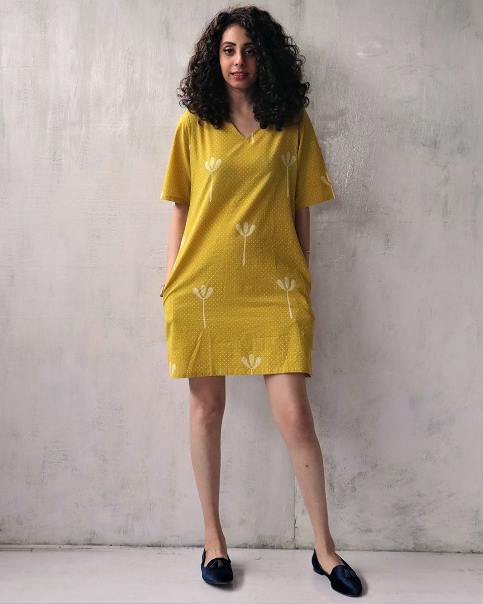 Yellow Blockprinted Cotton Shift Dress