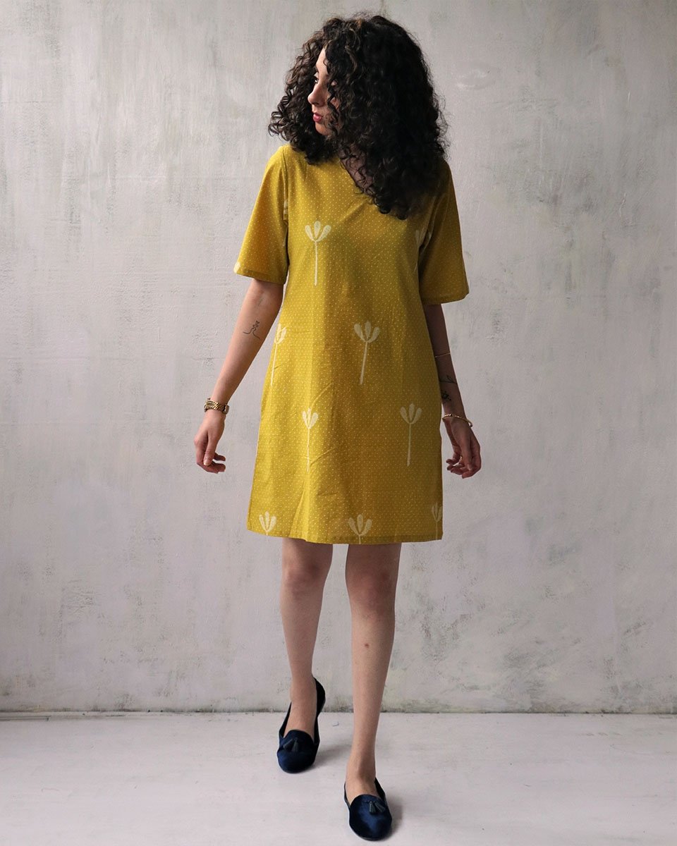 Yellow Blockprinted Cotton Shift Dress