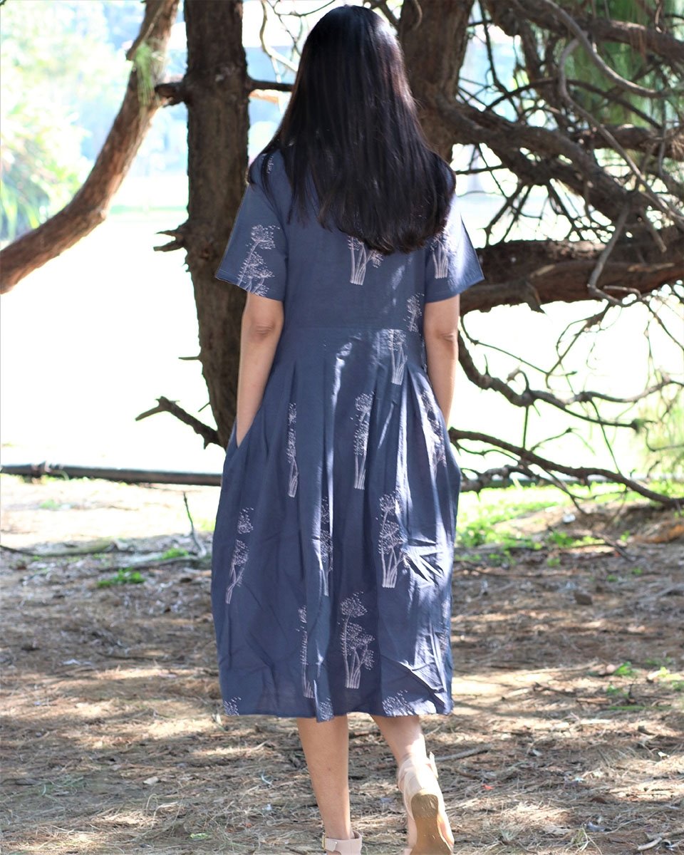 Grey wildflower blockprinted cotton pleated dress | Bestselling – Chidiyaa
