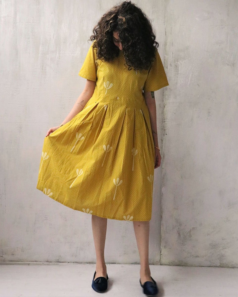 YELLOW BLOCKPRINTED COTTON DRESS| Chidiyaa – Chidiyaa