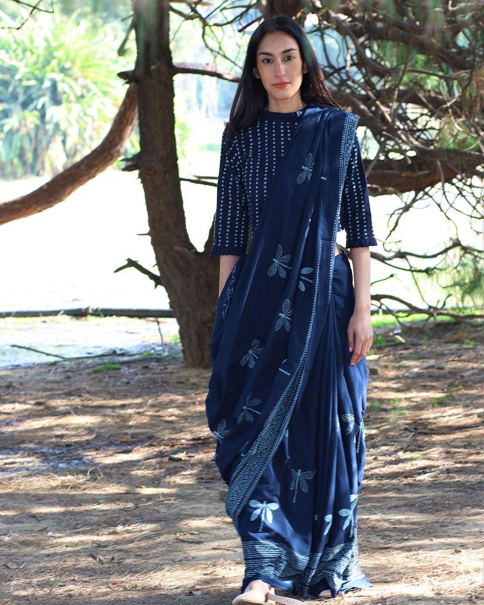 Buy Blue Dragonfly Blockprinted Cotton Saree | Sarees – Chidiyaa