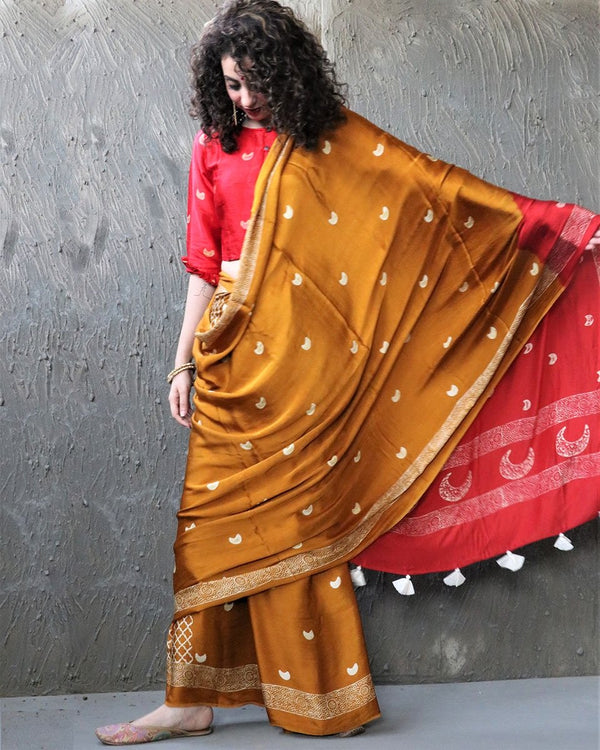 Yellow-Red Blockprinted Modal Silk Saree