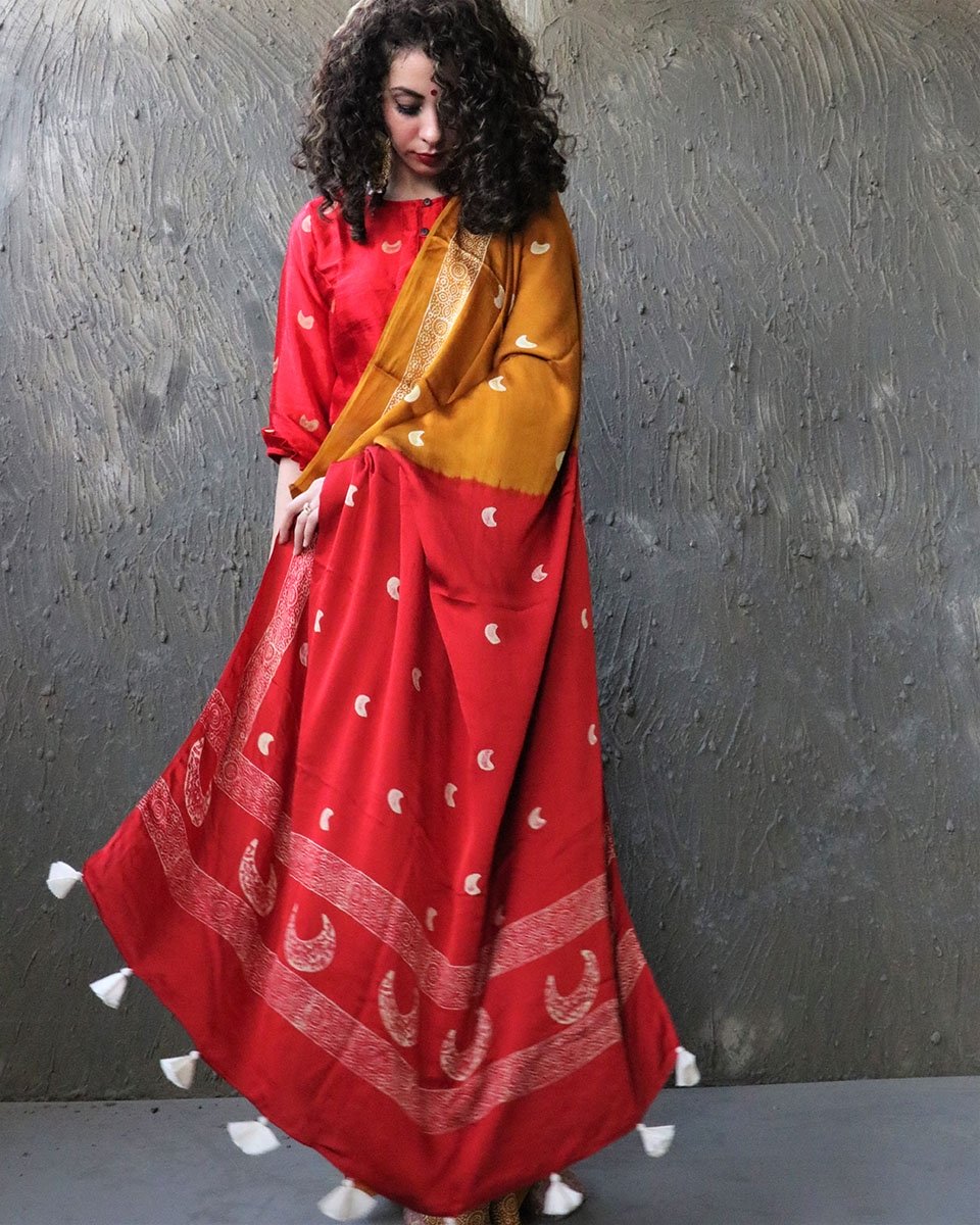 Yellow-Red Blockprinted Modal Silk Saree