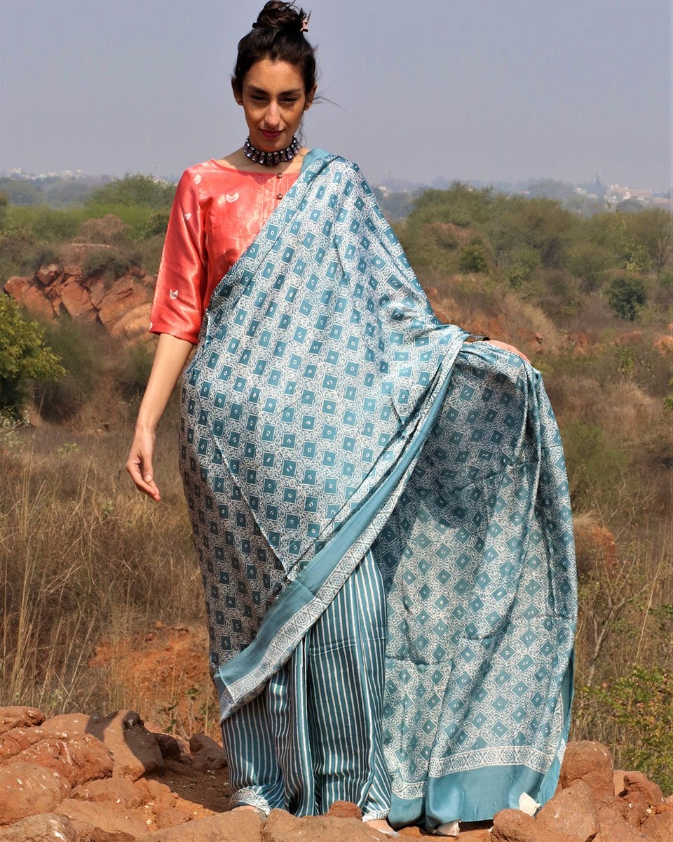 Sea Blue Blockprinted Modal Silk Saree