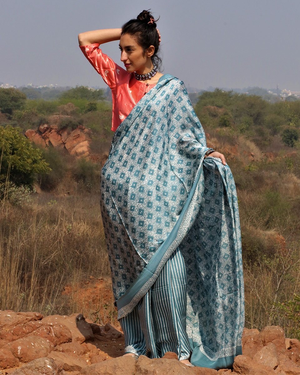 Sea Blue Blockprinted Modal Silk Saree