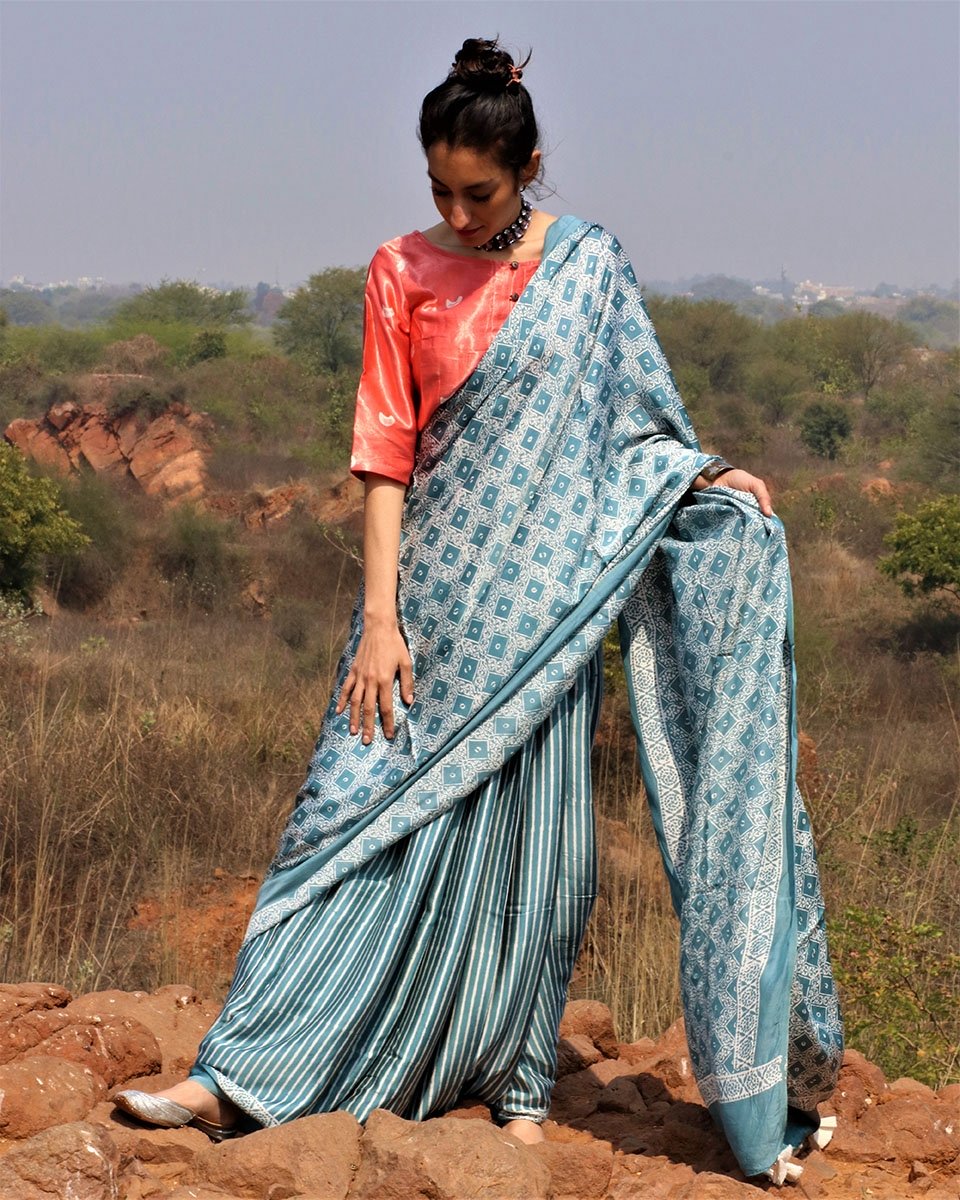 Sea Blue Blockprinted Modal Silk Saree