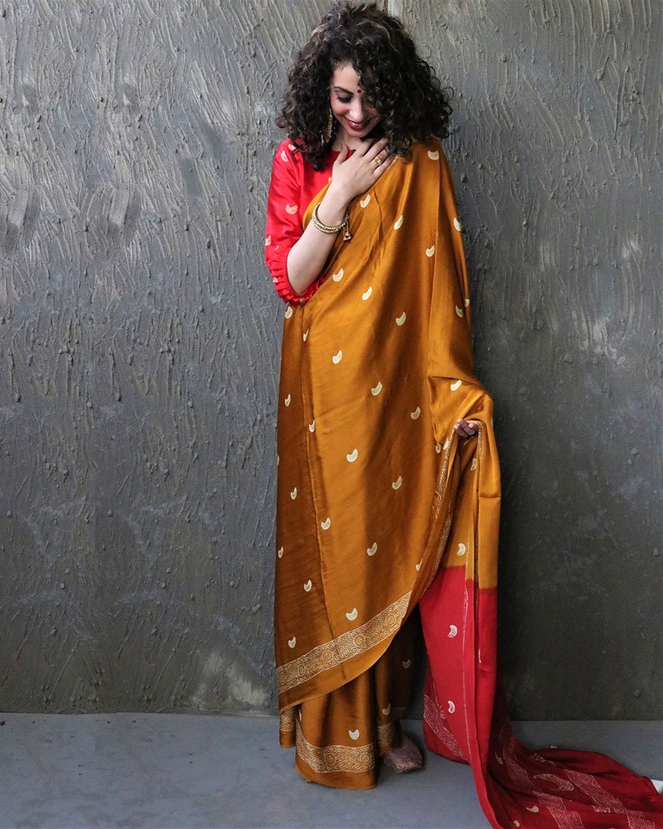 Yellow-Red Blockprinted Modal Silk Saree