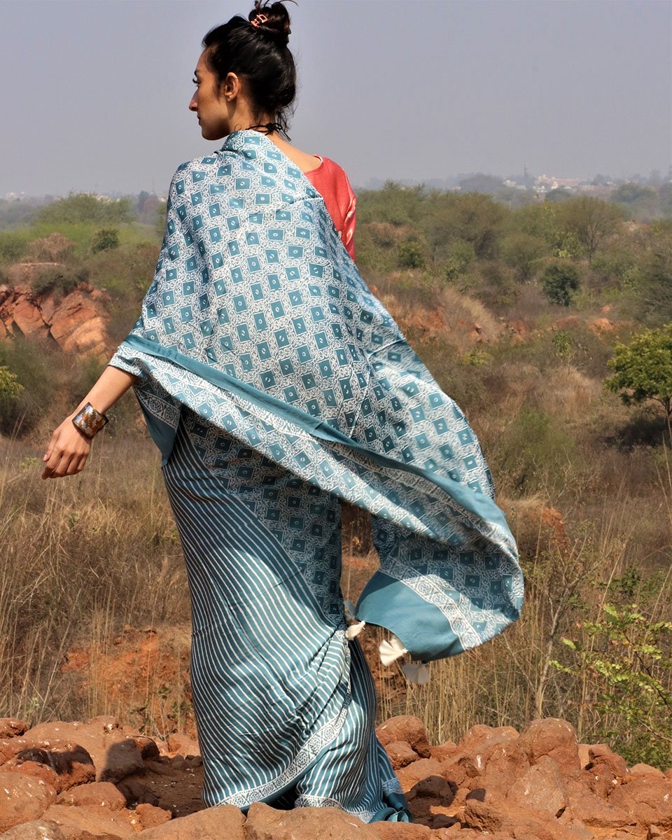 Sea Blue Blockprinted Modal Silk Saree