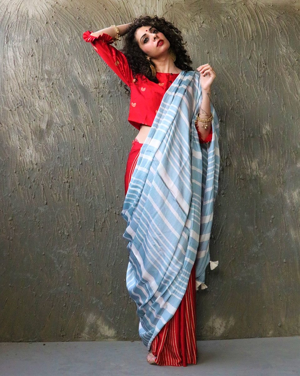 Red-Blue Blockprinted Modal Silk Saree