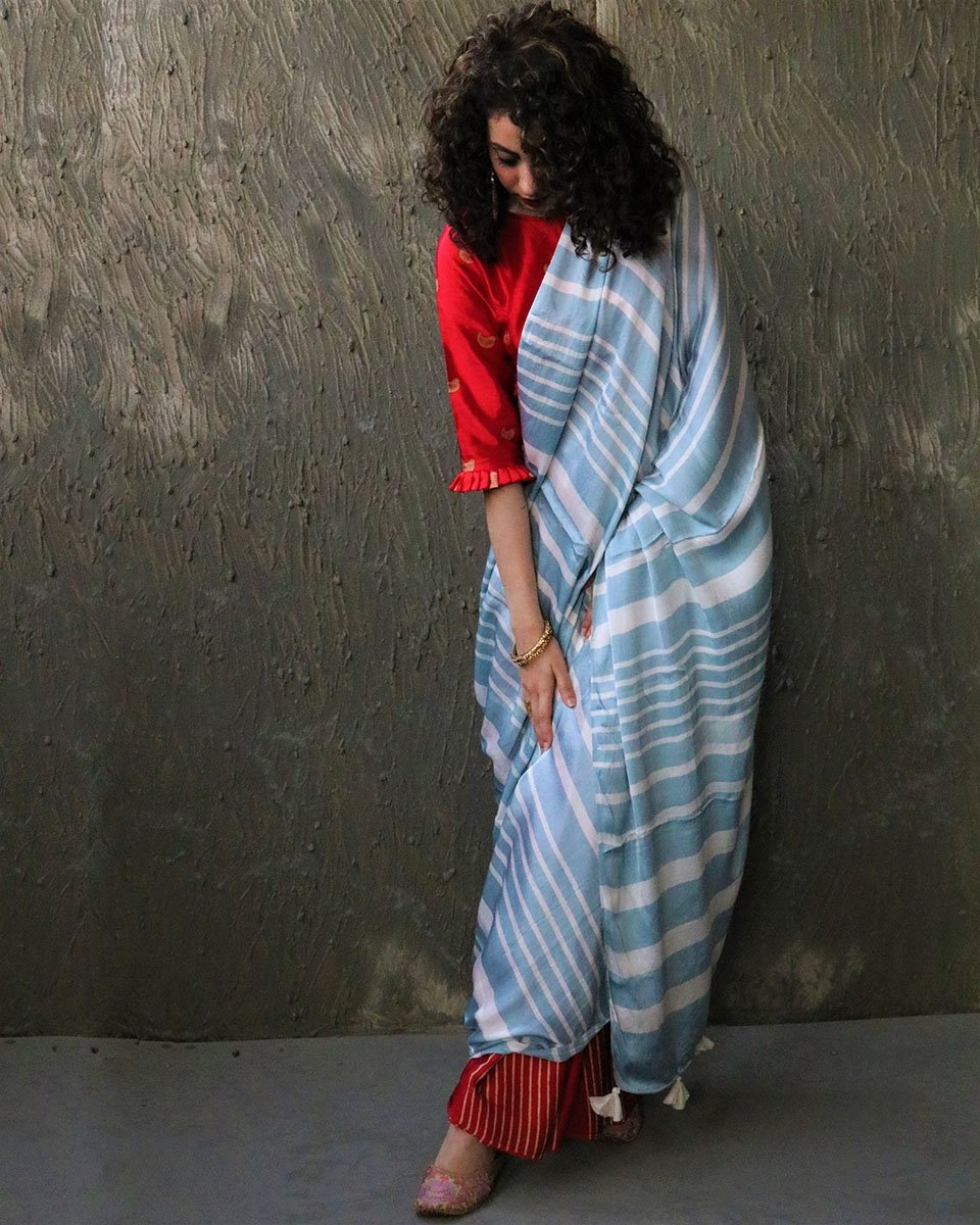 Red-Blue Blockprinted Modal Silk Saree