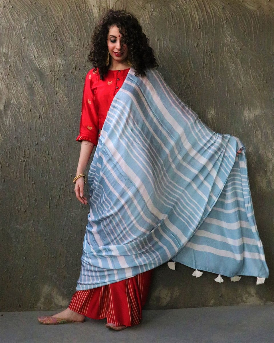 Red-Blue Blockprinted Modal Silk Saree