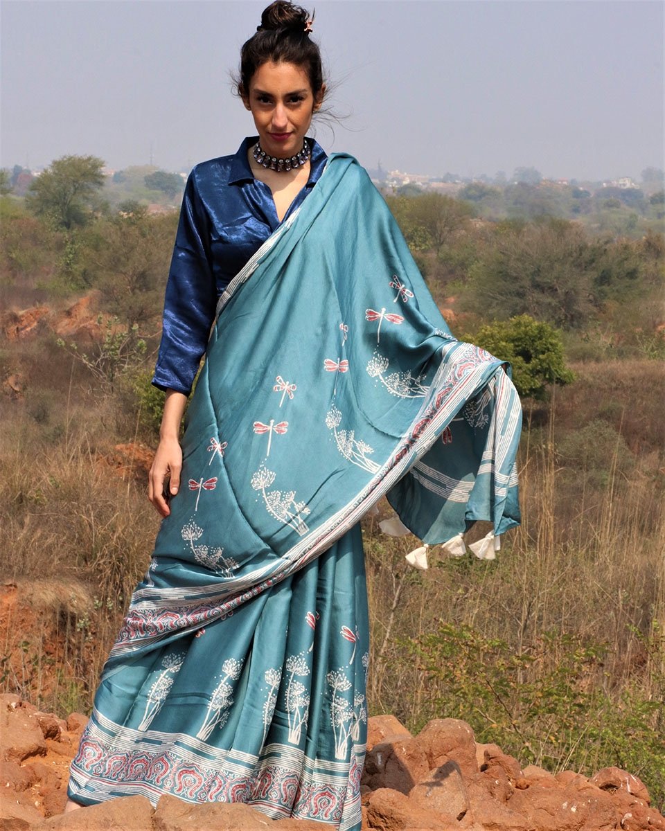 Sea Blue Blockprinted Modal Silk Saree Dragonfly