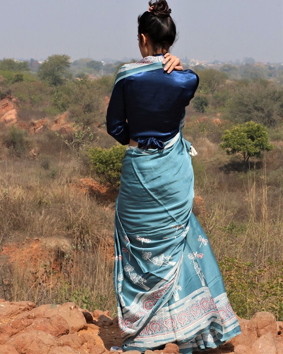 Sea Blue Blockprinted Modal Silk Saree Dragonfly