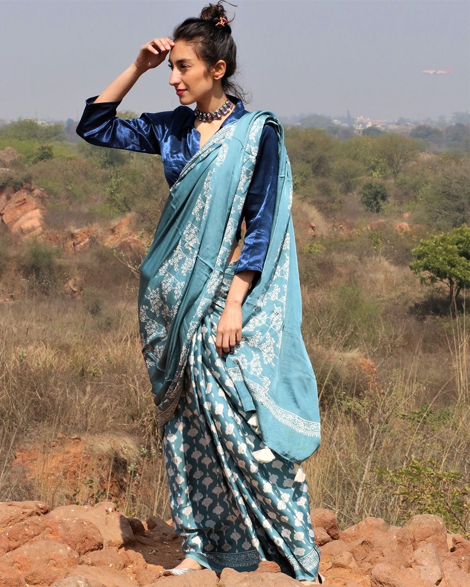 Sea Blue Blockprinted Modal Silk Saree Bel