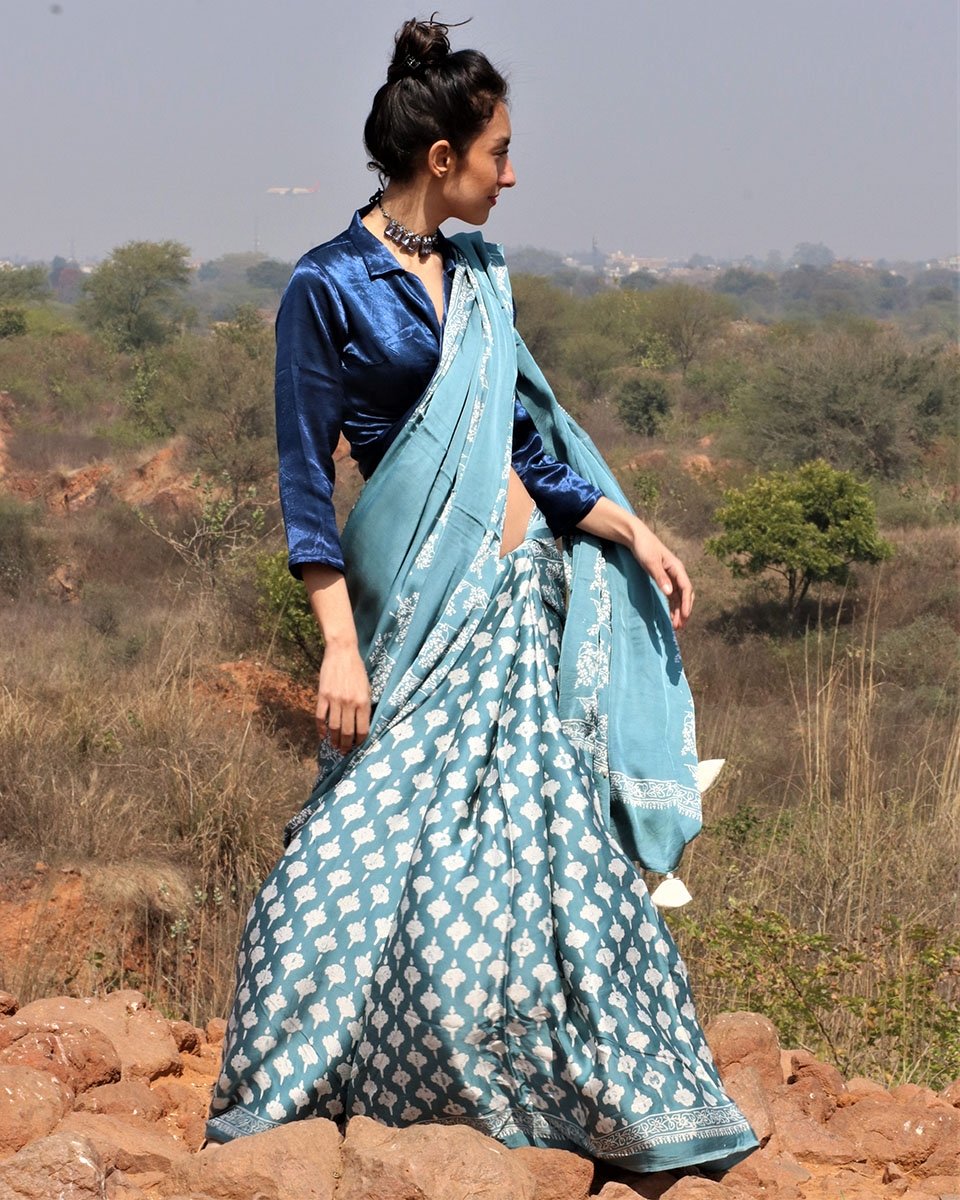 Sea Blue Blockprinted Modal Silk Saree Bel