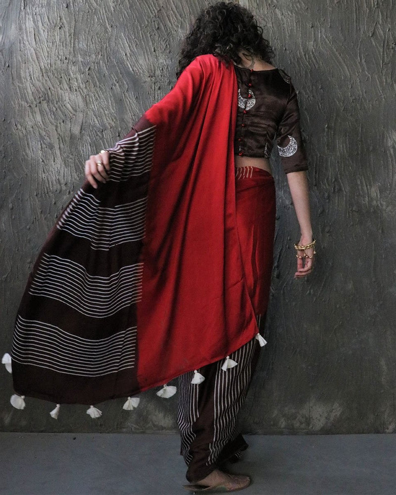 Red-Brown Blockprinted Modal Silk Saree