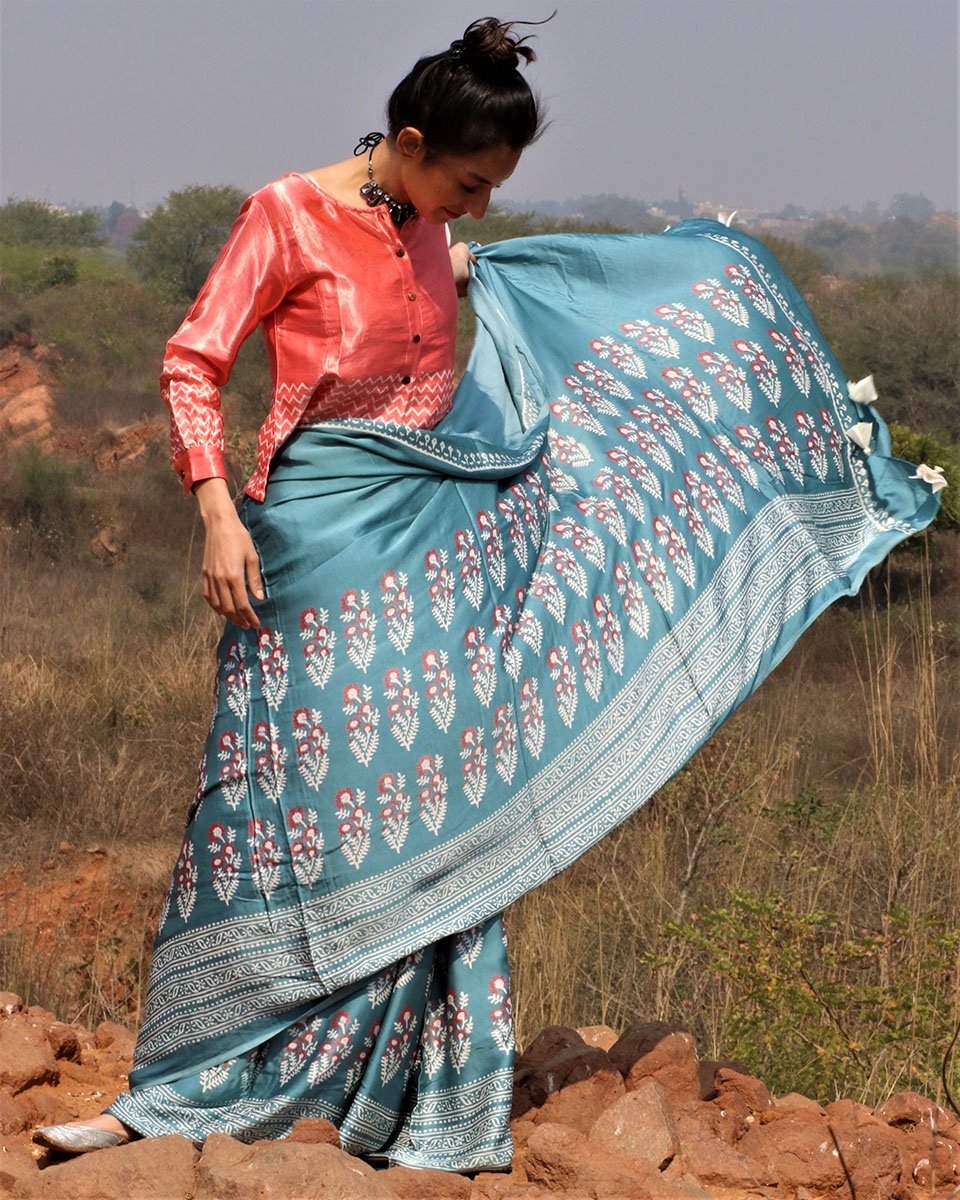 Sea Blue Blockprinted Modal Silk Saree Gul