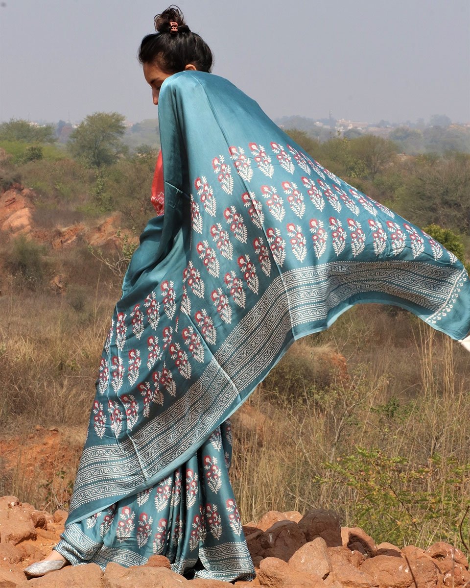 Sea Blue Blockprinted Modal Silk Saree Gul