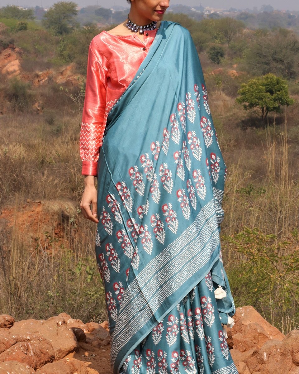 Sea Blue Blockprinted Modal Silk Saree Gul