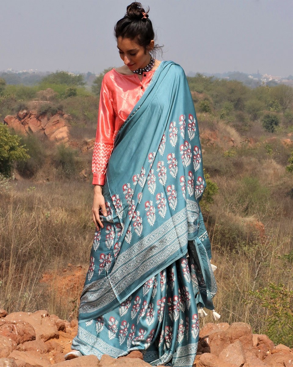 Sea Blue Blockprinted Modal Silk Saree Gul