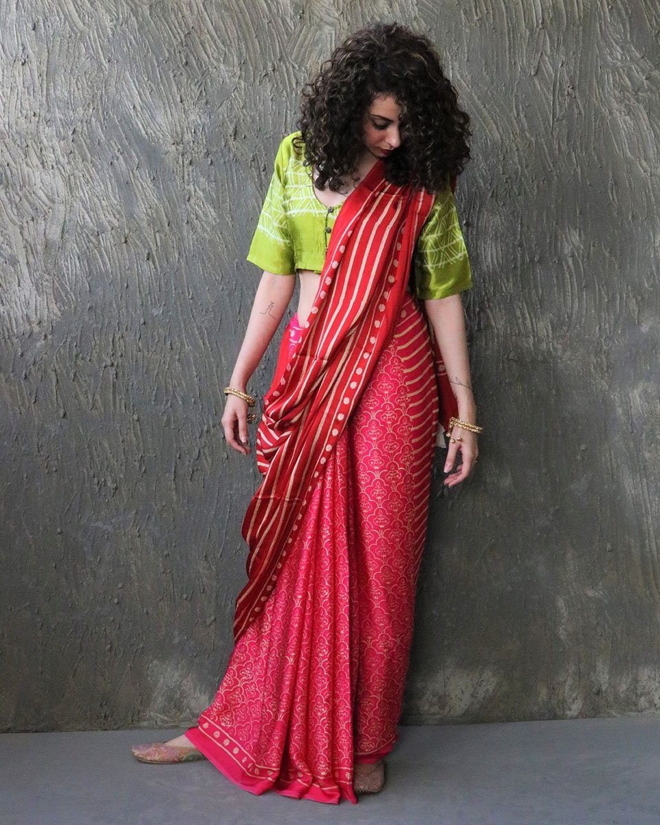 Red-Rani Blockprinted Modal Silk Saree