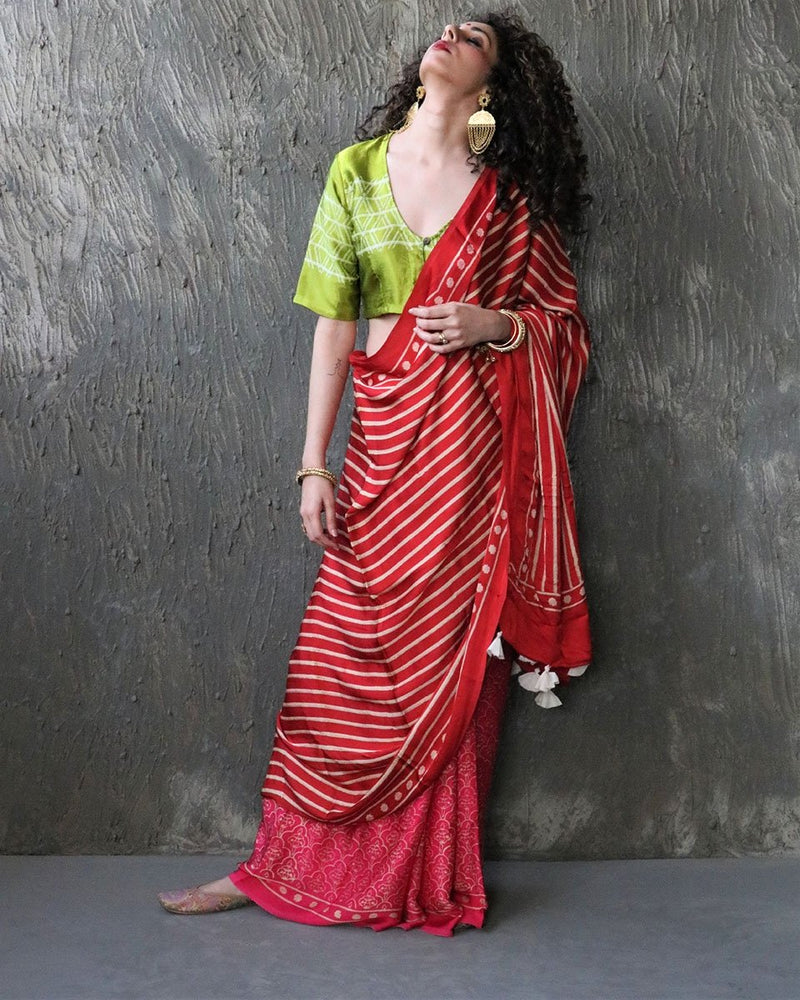 Red-Rani Blockprinted Modal Silk Saree