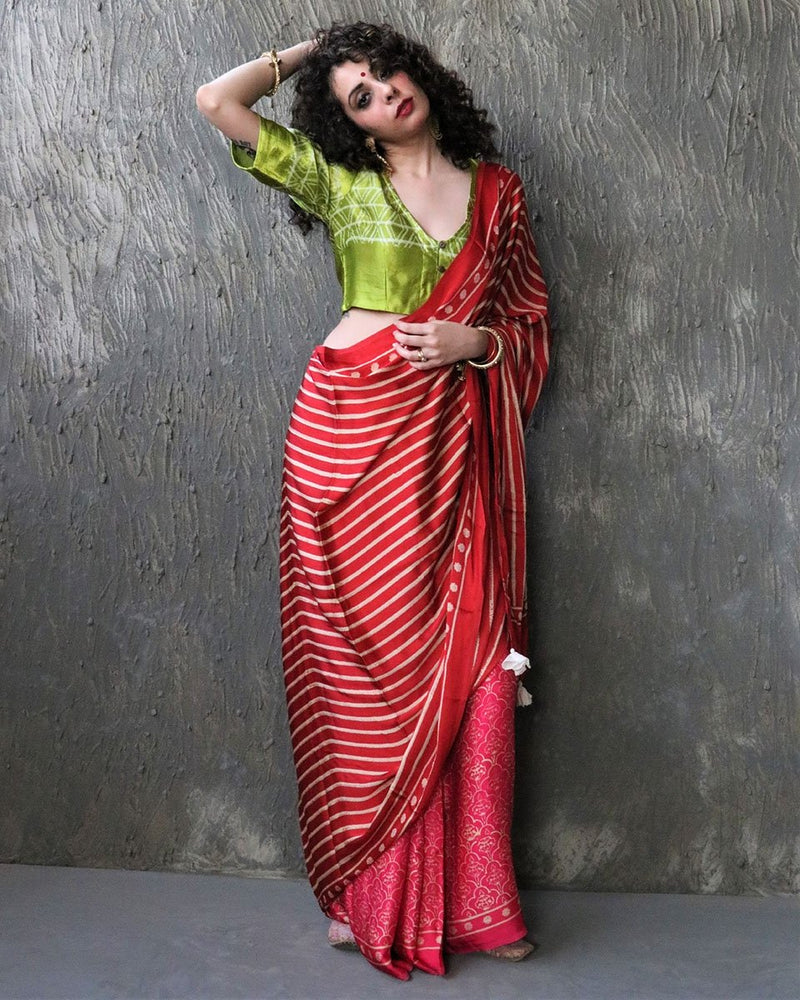 Red-Rani Blockprinted Modal Silk Saree