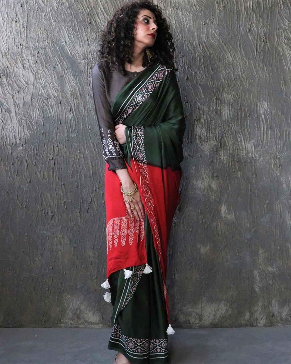 Green-Red Blockprinted Modal Silk Saree